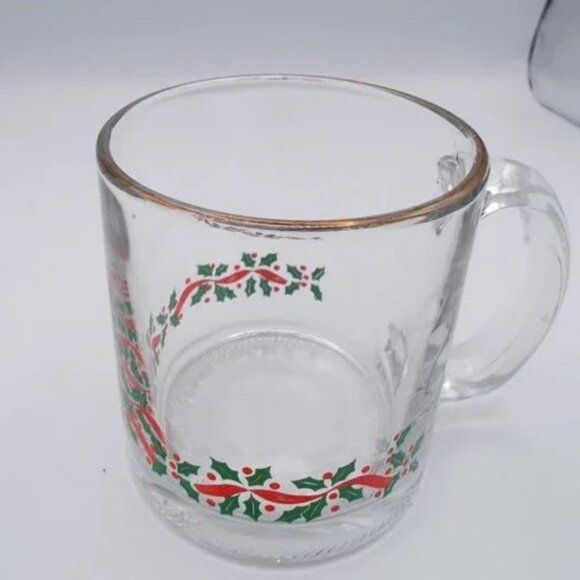 Set Of 4 Vtg Libbey Arby's Glass Coffee Cocoa Mugs Christmas Holly Red Ribbon - Picture 2 of 4